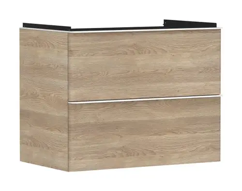Waschtischunterschrank in Holzoptik von Hansgrohe, ausgestattet mit zwei Schubkästen. Schlichtes Design für funktionale Anwendungen im Badezimmer.